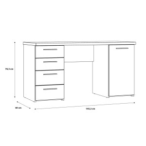 Bureau droit L. 145 cm 1 porte 4 tiroirs décor chêne rustique et poignées métal gris - schéma dimensions - CANDY