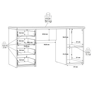 Bureau droit L. 145 cm 1 porte 4 tiroirs décor chêne rustique et poignées métal gris - schéma dimensions intérieures - CANDY