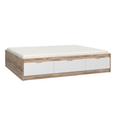 Lit double 140x190cm avec tiroirs de rangement en bois effet chêne naturel et blanc mat - vue de 3/4 - WANDA