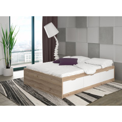 Lit double 140x190cm avec tiroirs de rangement en bois effet chêne naturel et blanc mat - photo d'ambiance - WANDA