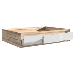 Lit double 140x190cm avec tiroirs de rangement en bois effet chêne naturel et blanc mat - vue de 3/4 avec tiroir ouvert - WANDA