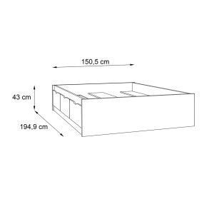 Lit double 140x190cm avec tiroirs de rangement en bois effet chêne naturel et blanc mat - schéma avec dimensions - WANDA