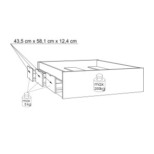 Lit double 140x190cm avec tiroirs en bois effet chêne naturel et blanc mat - schéma avec dimensions tiroirs ouverts - WANDA