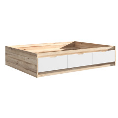 Lit double 140x190cm avec tiroirs de rangement en bois effet chêne naturel et blanc mat - vue de 3/4 avec tiroirs fermés - WANDA