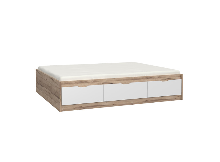 Lit double 160x200cm avec tiroirs de rangement en bois effet chêne naturel et blanc mat - vue de 3/4 - WANDA