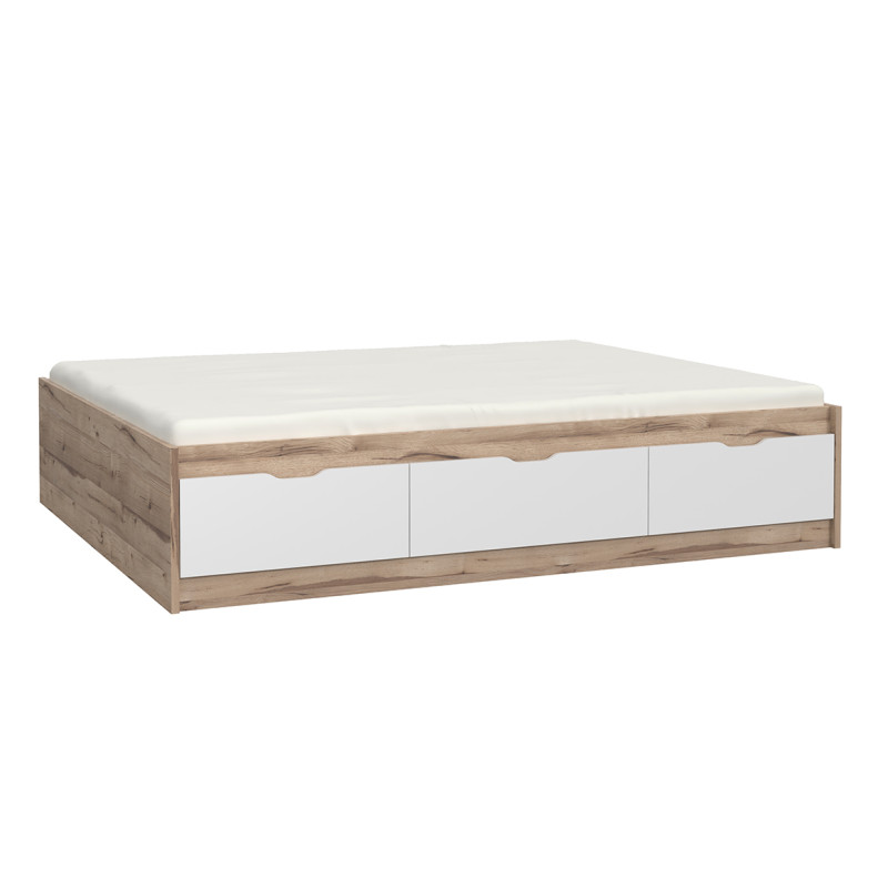 Lit double 160x200cm avec tiroirs de rangement en bois effet chêne naturel et blanc mat - vue de 3/4 - WANDA