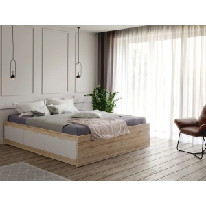 Lit double 160x200cm avec tiroirs de rangement en bois effet chêne naturel et blanc mat - photo d'ambiance - WANDA