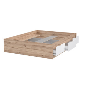 Lit double 160x200cm avec tiroirs de rangement en bois effet chêne naturel et blanc mat - vue de 3/4 avec tiroir ouvert - WANDA