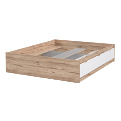 Lit double 160x200cm avec tiroirs de rangement en bois effet chêne naturel et blanc mat - vue de 3/4 avec tiroirs fermés - WANDA