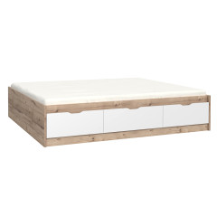 Lit double king size 180x200cm avec tiroirs de rangement en bois effet chêne naturel et blanc mat  - vue de 3/4 - WANDA