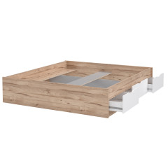Lit double king size 180x200cm avec tiroirs en bois effet chêne et blanc mat - vue de 3/4 avec tiroir ouvert - WANDA