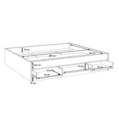 Lit double king size 180x200cm avec tiroirs en bois effet chêne et blanc mat - schéma avec dimensions tiroirs ouverts - WANDA