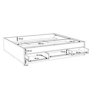 Lit double king size 180x200cm avec tiroirs en bois effet chêne et blanc mat - schéma avec dimensions tiroirs ouverts - WANDA