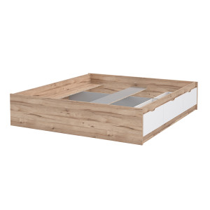 Lit double king size 180x200cm avec tiroirs en bois effet chêne et blanc mat - vue de 3/4 avec tiroirs fermés - WANDA