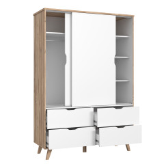 Armoire 2 portes 4 tiroirs effet bois chêne naturel et blanc mat - vue de 3/4 avec portes et tiroirs ouverts - WANDA