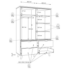 Armoire 2 portes 4 tiroirs effet bois chêne naturel et blanc mat - schéma avec dimensions portes et tiroirs ouverts -