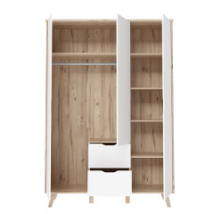 Armoire  3 portes 2 tiroirs effet bois chêne naturel et blanc mat - vue de face avec portes et tiroirs ouverts - WANDA