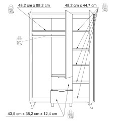 Armoire  3 portes 2 tiroirs effet bois chêne naturel et blanc mat - schéma avec dimensions portes et tiroirs ouverts - WANDA