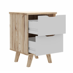 Table de chevet 2 tiroirs bois effet chêne naturel et blanc mat - vue de 3/4 avec tiroirs ouverts - WANDA