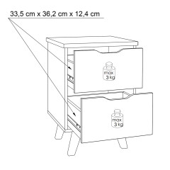Table de chevet 2 tiroirs bois effet chêne naturel et blanc mat - schéma avec dimensions tiroirs ouverts - WANDA