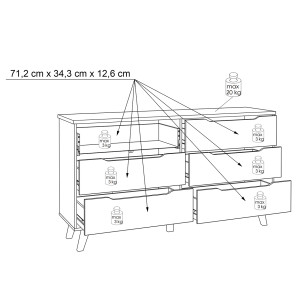 Commode 6 tiroirs effet bois chêne naturel et blanc mat  - schéma avec dimensions tiroirs ouverts - WANDA