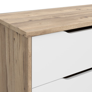 Commode 6 tiroirs effet bois chêne naturel et blanc mat  - zoom sur le haut du meuble effet bois chêne - WANDA