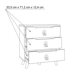 Commode 3 tiroirs effet bois chêne naturel et blanc mat  - schéma avec dimensions tiroirs ouverts - WANDA