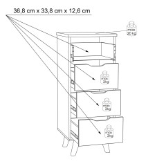 Chiffonnier 4 tiroirs de rangement bois effet chêne naturel et blanc mat - schéma avec dimensions tiroirs ouverts - WANDA