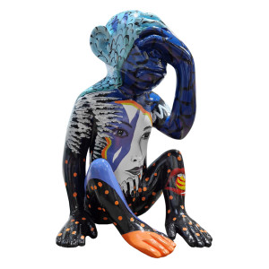 Statue singe bleu assis en résine H39cm - MARLIN