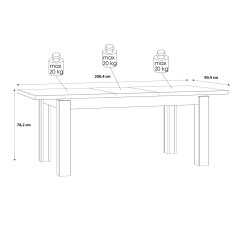 Table de repas extensible en bois effet chêne & noir - schéma dimensions rallonge dépliée - FACTORY