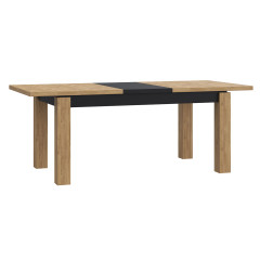 Table de repas extensible en bois effet chêne & noir - vue de 3/4 avec rallonge - FACTORY
