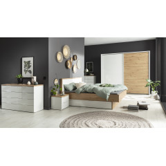 Lit 2 places 140 x 200cm en blanc laqué et effet chêne style moderne intemporel - photo d'ambiance de tous les meubles DIVA