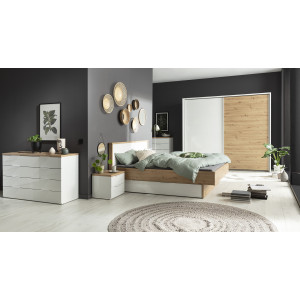 Lit 2 places 160 x 200cm en blanc laqué et effet chêne style moderne intemporel - photo d'ambiance de tous les meubles DIVA