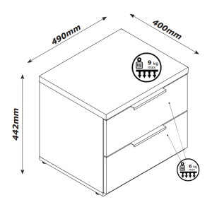 Table de chevet 2 tiroirs en blanc laqué et effet chêne - schéma avec dimensions - DIVA