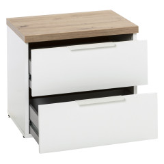 Table de chevet 2 tiroirs en blanc laqué et effet chêne - vue de 3/4 avec porte et tiroirs ouverts - DIVA