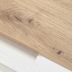 Table de chevet 2 tiroirs en blanc laqué et effet chêne - zoom sur le dessus finition effet bois - DIVA