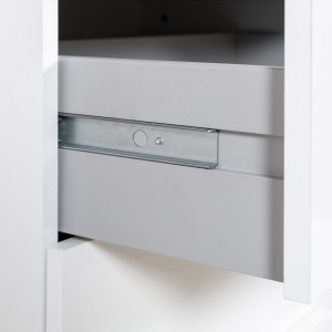 Table de chevet 2 tiroirs en blanc laqué et effet chêne - zoom système de ouverture/fermeture rail tiroir - DIVA