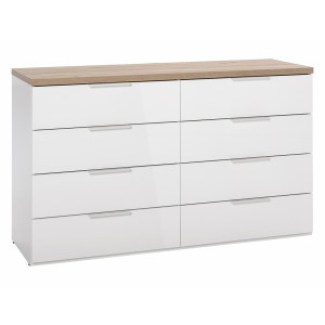 Commode 8 tiroirs décor blanc laqué et chêne texturé 136,3 x 82,6 x 44,4 cm - vue de 3/4 - DIVA