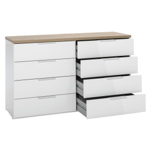 Commode 8 tiroirs décor blanc laqué et chêne texturé 120 cm - vue de 3/4 avec porte et tiroirs ouverts - DIVA