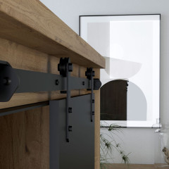 Buffet L174cm en bois effet chêne & noir - photo zoom sur le rail en métal de la porte coulissante - FACTORY
