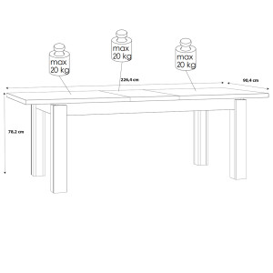 Table de repas extensible 180/226cm en bois effet chêne & noir - schéma avec dimensions rallonge dépliée - FACTORY