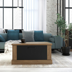 Table basse avec 2 tiroirs en bois effet chêne / métal noir - photo d'ambiance salon - FACTORY
