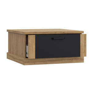 Table basse avec 2 tiroirs en bois effet chêne / métal noir - vue de 3/4 avec tiroirs ouverts - FACTORY