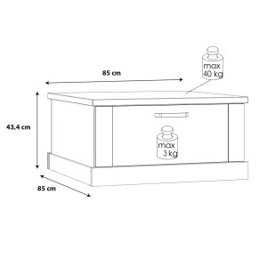Table basse avec 2 tiroirs en bois effet chêne / métal noir - schéma dimensions - FACTORY