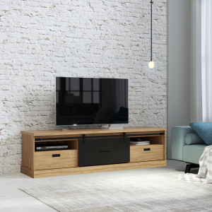 Meuble TV en bois effet chêne & noir L203cm - photo d'ambiance - FACTORY