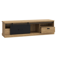 Meuble TV en bois effet chêne & métal noir - vue de 3/4 avec tiroir et porte ouverts - FACTORY