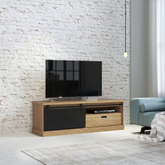 Meuble TV en bois effet chêne & noir - photo d'ambiance n°1 - FACTORY