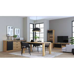 Meuble TV en bois effet chêne & noir - photo d'ambiance des meubles de la collection de séjour - FACTORY