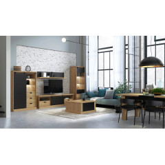 Buffet large en bois effet chêne & noir - vue en ambiance n°2 des meubles de la collection séjour - FACTORY