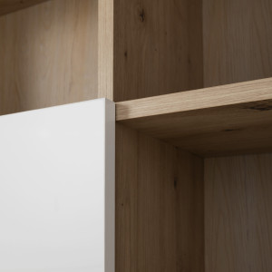 Bibliothèque de rangement effet chêne et blanc laqué - zoom sur la finition effet bois de chêne - OXFORD
